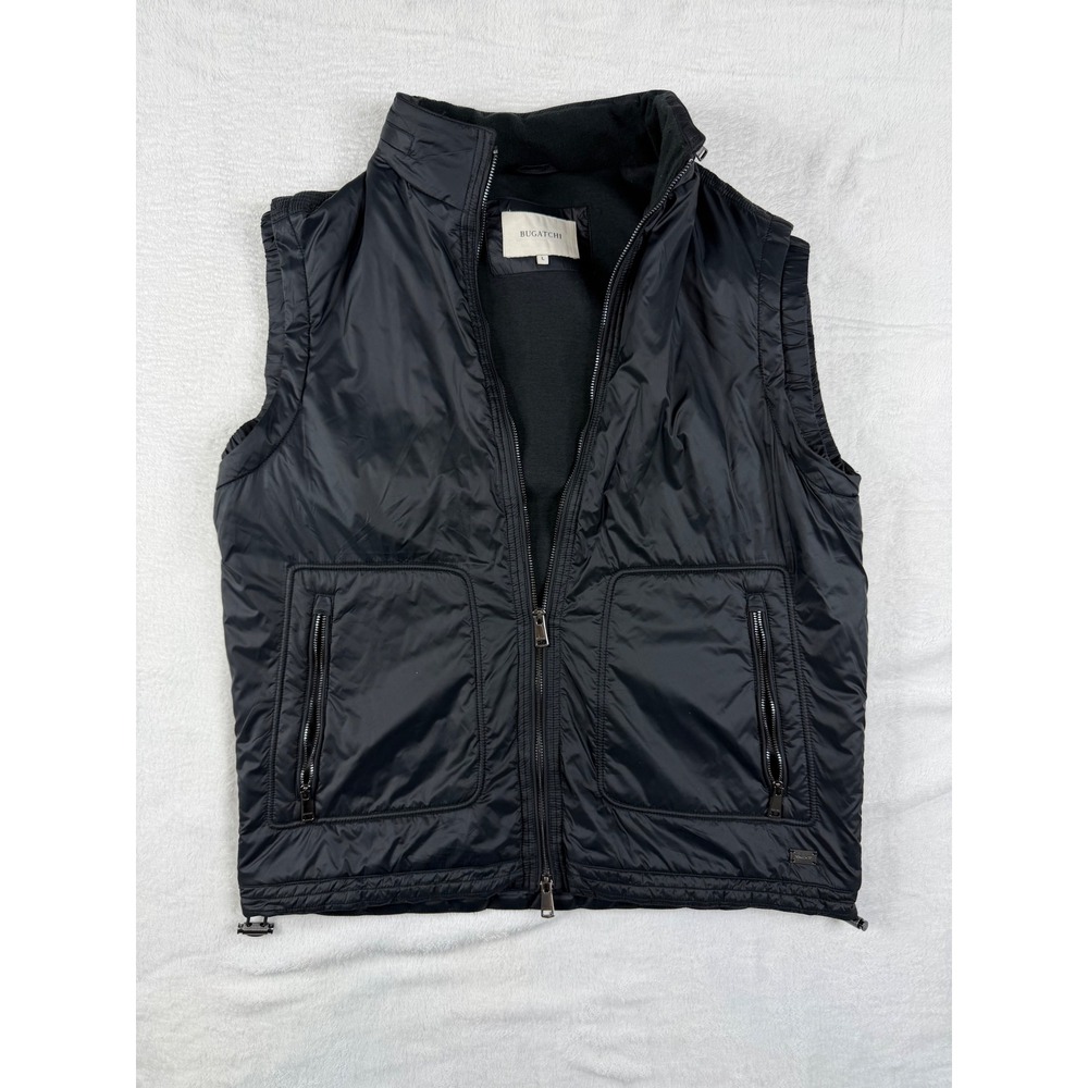 Bugatchi Mens L Black Mixed Media Quilted Full Zip Vest Hidden Zip Hood